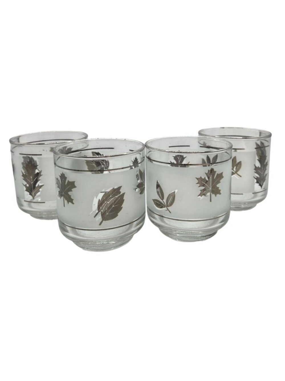 Vintage Libbey Frosted Silver Foliage Leaf Glasses Old Fashion Set of 4